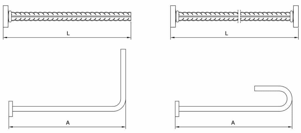 Skizze für die Definition der Produktlenge für HRC400 Betonstahlverbindungen, auch für gebogene Stäbe